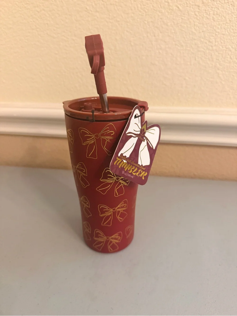 Red Bow-Print Travel Tumbler with Bow-Top Straw